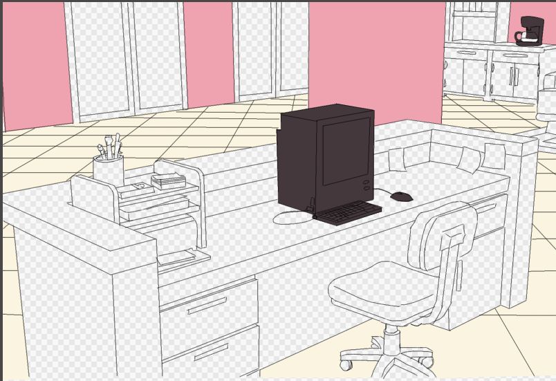 A work in progress shot of a background. It shows a front desk with a cheap computer, a desk organizer, and some sticky notes pasted around, in a brightly-colored and formal building with white marble tile and pink brick. There's a wheeled office chair at the desk. Most of the image isn't colored, but the computer is a dark reddish gray, as is a coffee maker in the background. The walls are colored in flat pink and the flooring is flat cream. In the background there's a small area for complimentary coffee visible as well as the very corner of a couch, as well as doors that lead outside.