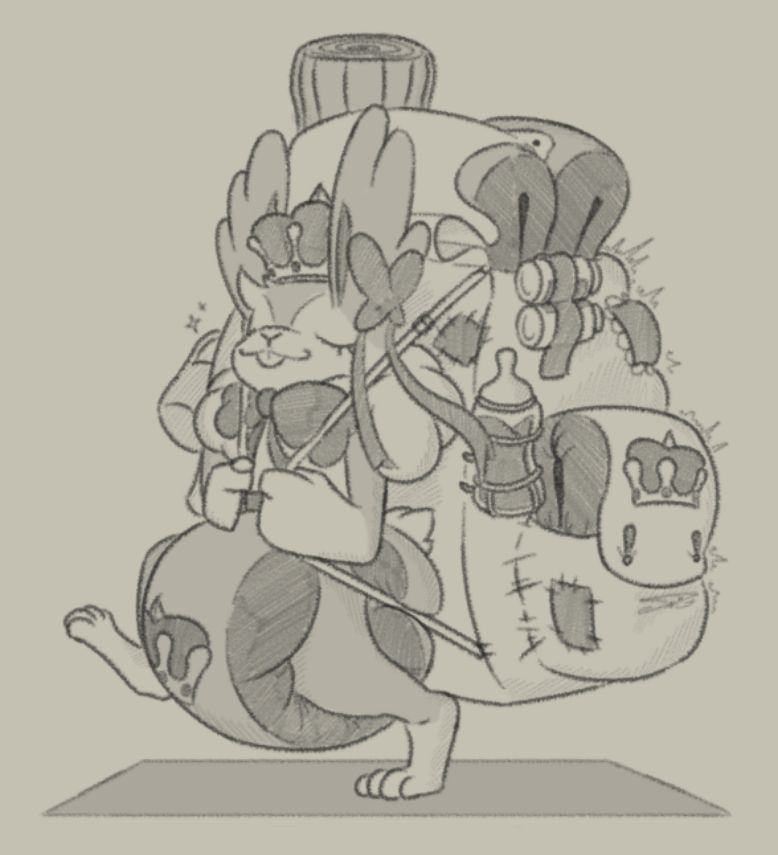 Bunny-Moon walking in a prideful stride, carrying a bustlingly full backpack full of bulky spare changes and other changing supplies.