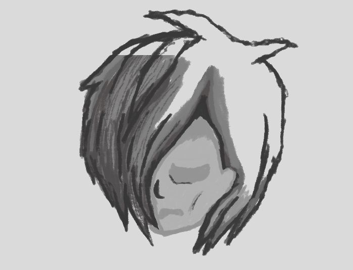 grayscale digital painting of emo hair that is unfinished.