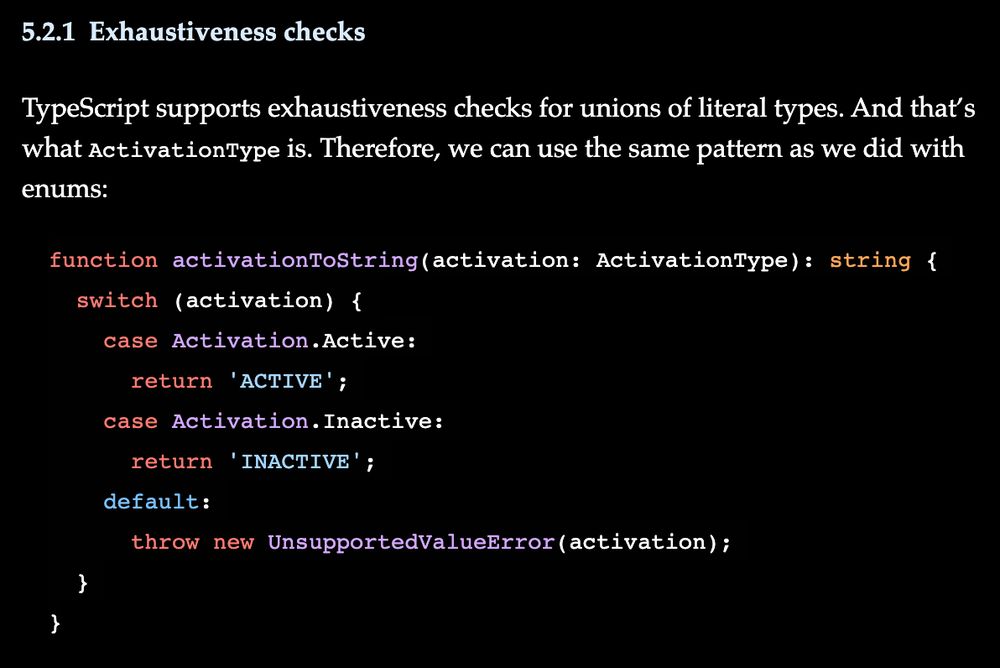 Screenshot of the Exhaustiveness Checks section of Axel's blog post on TypeScript Enums