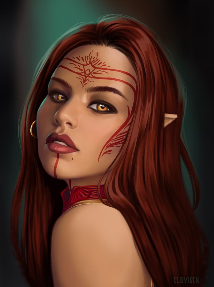 An elven woman with long red hair, olive skin, amber eyes & a red vallaslin on her face.