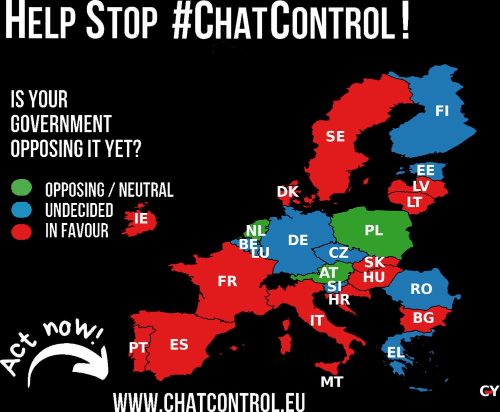A map of countries with their stance on chat control