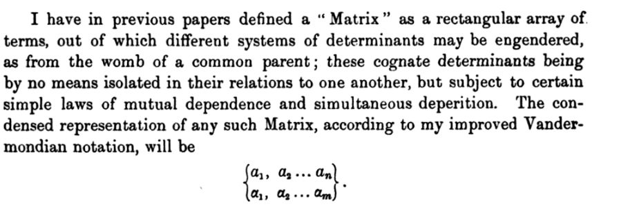 On the relation between the minor determinants of linearly equivalent quadratic functions". Philosophical Magazine, p247 1851, dans 
The Collected Mathematical Papers of James Joseph Sylvester : 1837–1853, article 37.