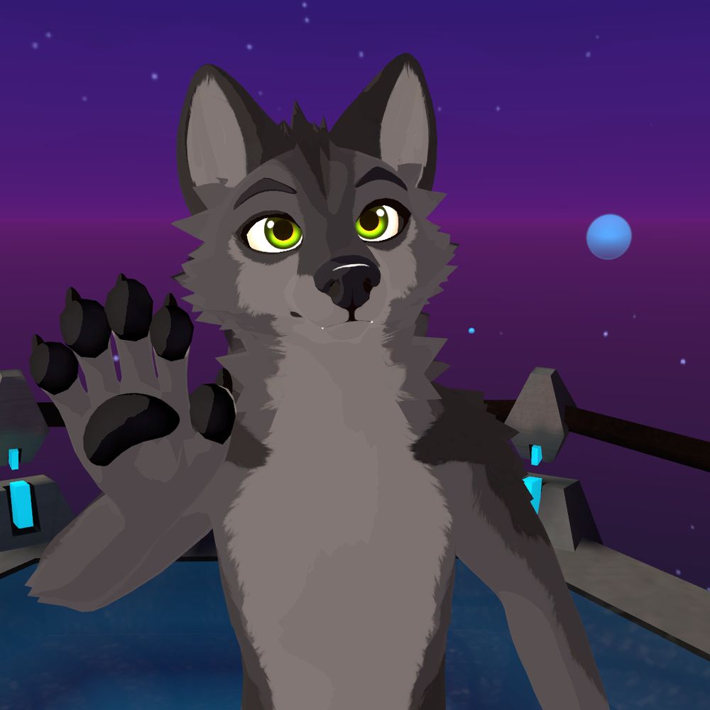 An anthro wolf waving at the camera in VRChat.