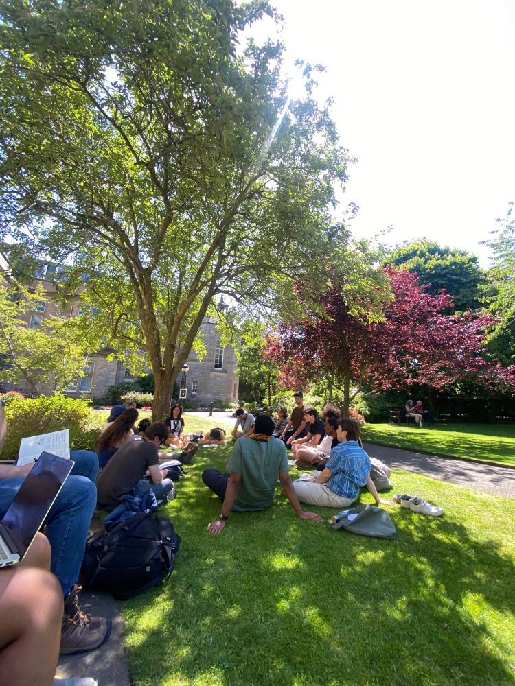 students sitting in a circle on the grass outside under a tree