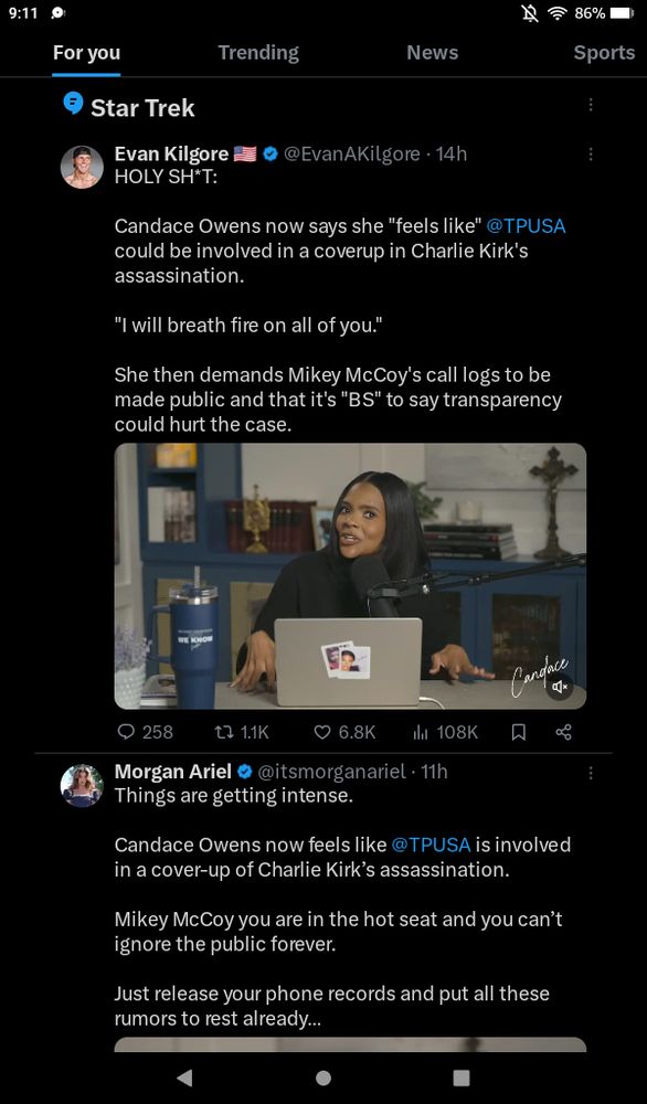 Twitter screenshot showing two tweets about Candace Owens, which are inexplicably showing up under the topic of Star Trek. 