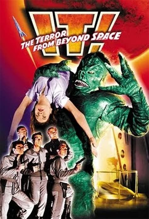 Poster for the movie It! The Terror From Beyond Space. Poster contains the movie's title and a picture of a green humanoid lizard monster, holding a woman over its shoulder. In the foreground are a group of astronauts in gray uniforms, some of them holding pistols.
