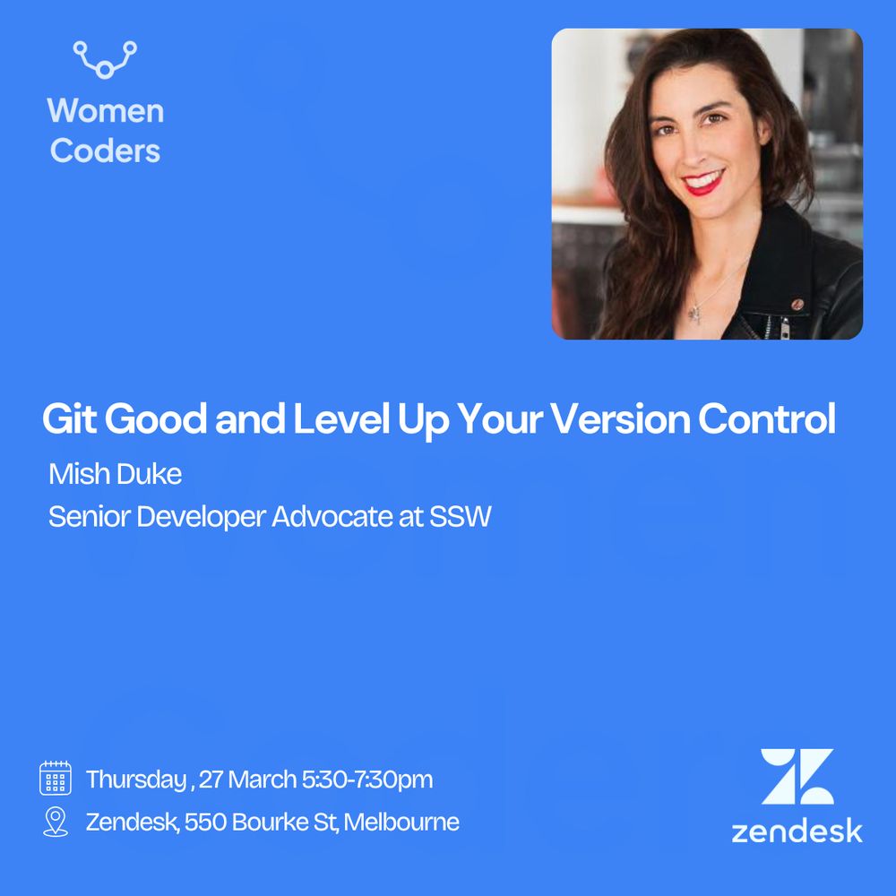 Join us for a talk on “Git Good and Level Up Your Version Control”, by the incredible Michelle Duke. Whether you're new to coding or never really understood Git beyond git clone, we'll break it all down in this talk, because version control shouldn't feel like rocket science.

📅 Date: Thursday, March 27, 2025
🕕 Time: 5:30 PM to 7:30 PM AEDT
📍 Location: Zendesk, Level 13/550 Bourke St, Melbourne VIC 3000
🎟️ RSVP here: https://lnkd.in/gJ2T3ykA