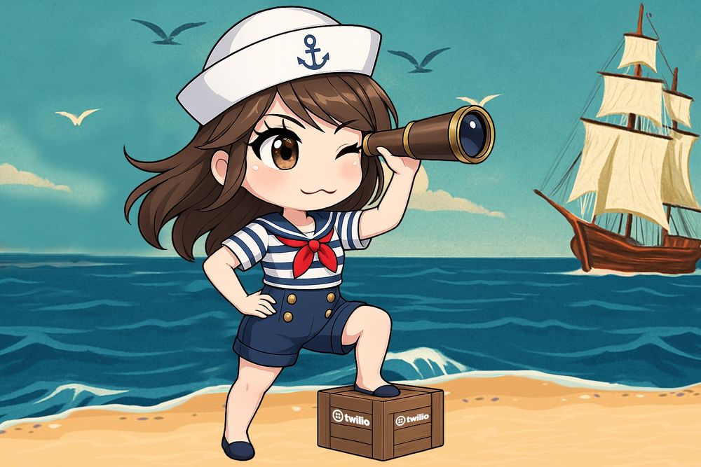 Chibi version of me wearing a sailor outfit, fitting in with the Twilio nautical theme.