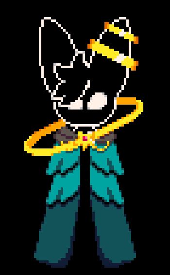 Pixel art of a black void being with white eyes, cloaked in a teal robe, with multiple halos around her. the background is black too, so she melts into the background