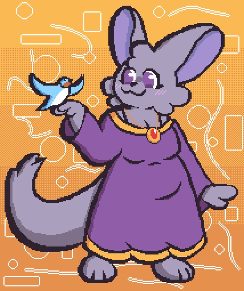 Low res art of a gray chinchilla in a royal purple and gold dress. A blue bird is perched on her hand