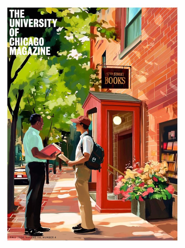 Cover of The University of Chicago Magazine. Illustration of two people speaking in front of 57th Street Books