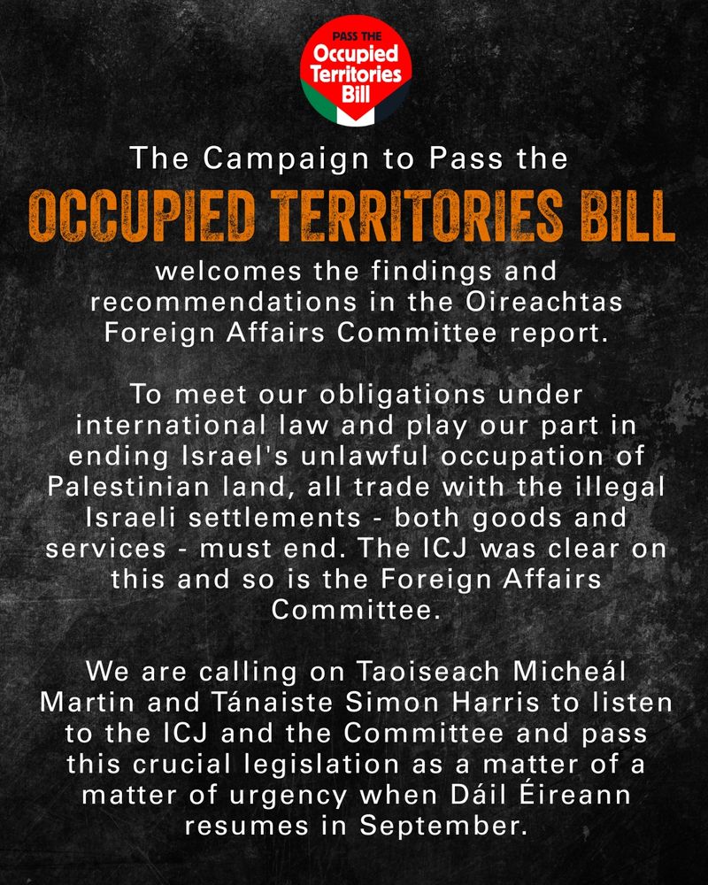 Poster urging the Irish Government to pass the Occupied Territories Bill, to include both goods and services