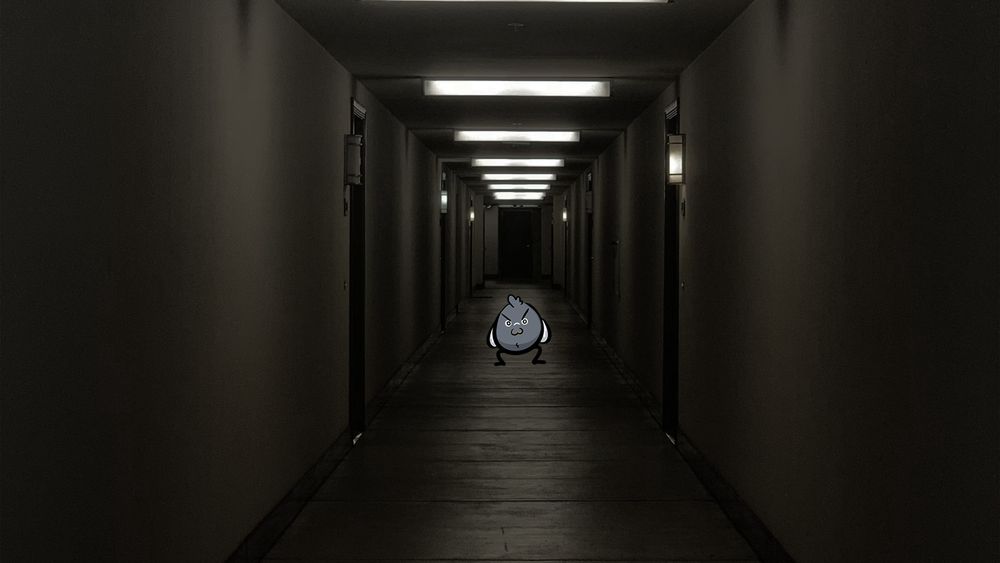 A dimly lit hotel corridor with doors on either side, featuring a cartoon pigeon standing in the center.