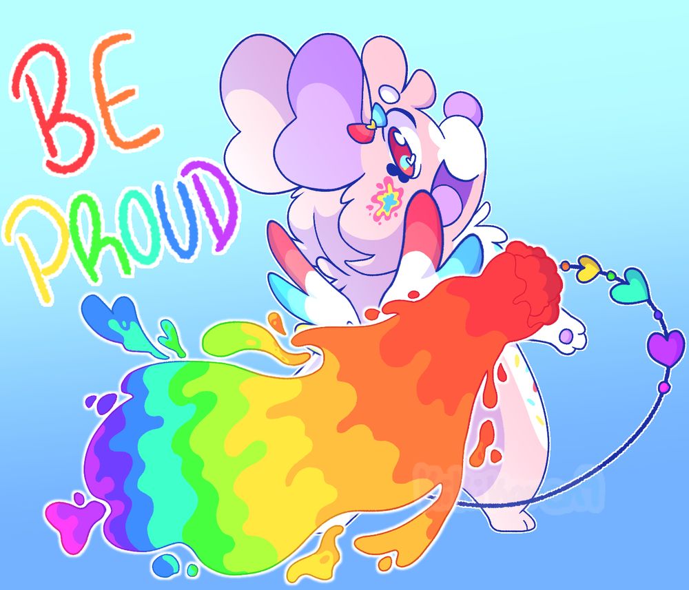 My OC Kikichu (a pink rat with white and purple accents)smiling while using her tail to paint with rainbow colors for pride month!
The words "BE PROUD" are written next to her.