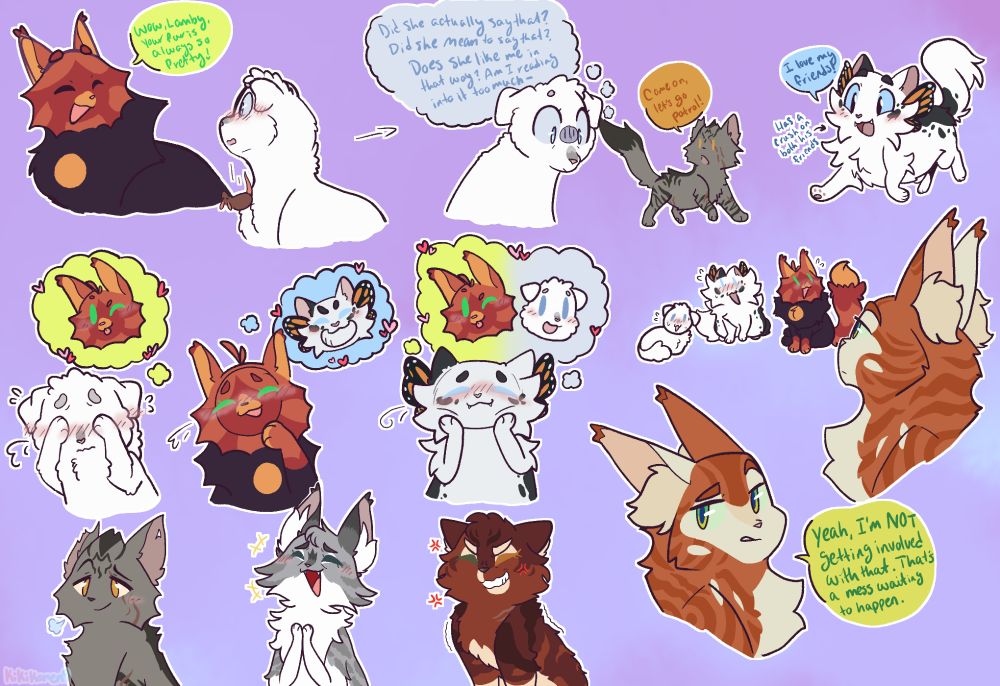 Miscellaneous doodles of my OC along with others' OCs from a Warrior Cat RP server called Valleyclans!