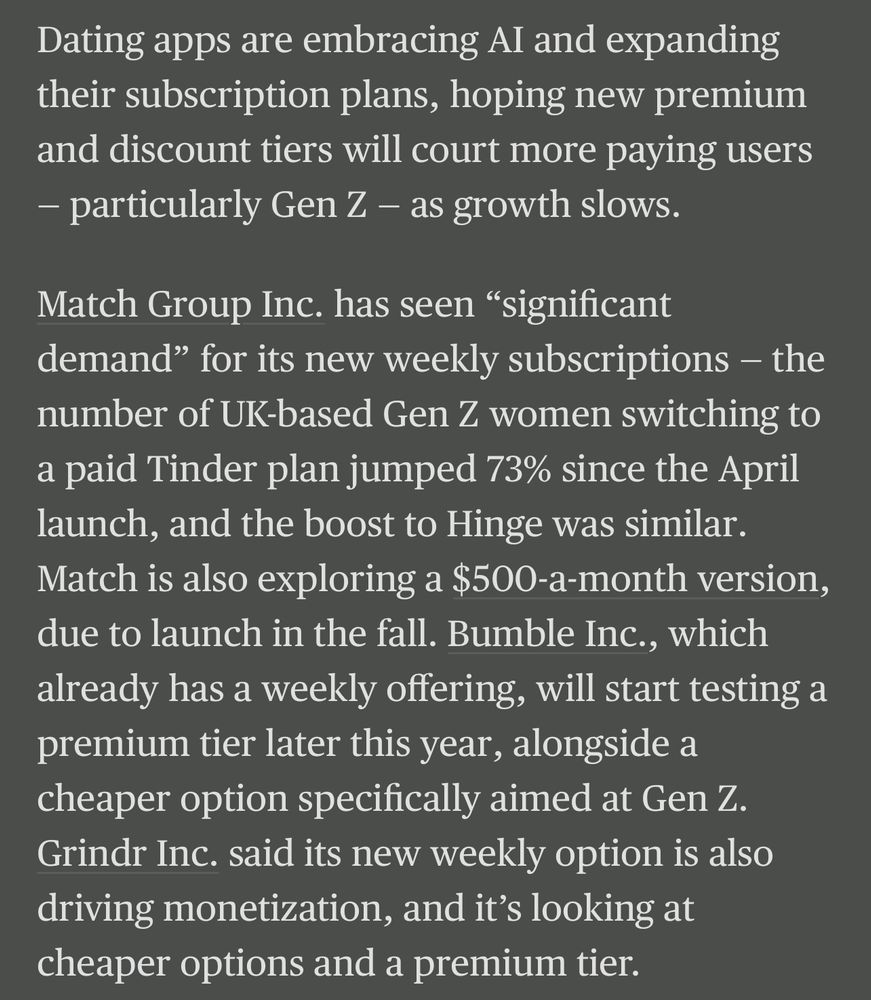 Bloomberg article about paid plans of online datings apps including Match, Bumble, and Grindr