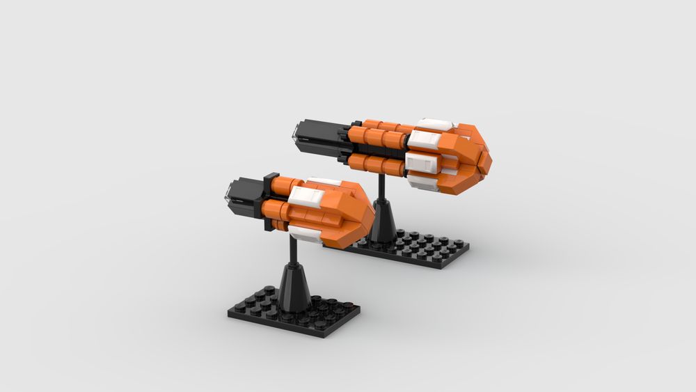 Render of a pair of LEGO spaceships on 4x6 and 4x8 bases with flight stand. Both have orange armor with white trim and a black engine section. They share a long torpedo-like shape, with storage bays and liquid storage containers arranged radially. They look better from this angle than the fixed angle at which I've rendered the rest of the fleet.