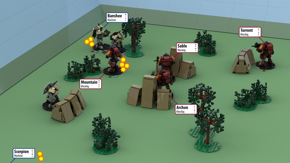 Render of a battlefield with eight LEGO mecha and several bits of terrain. In round five, the pair of tan mecha damage the axe-wielding dark red mecha, forcing it to drop its shield. But they are overrun by the advance of their foes—one takes heavy damage while the other flees the battle outright.