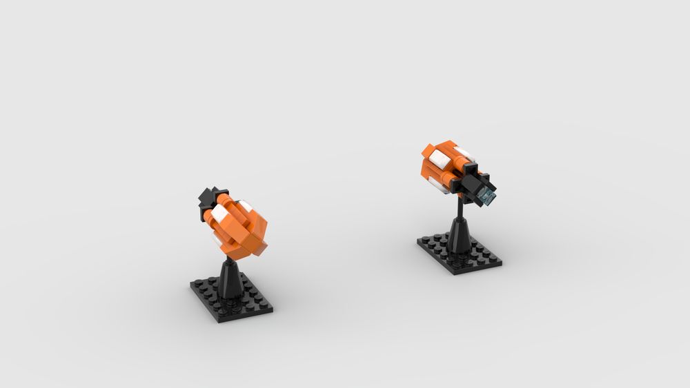 Render of a LEGO spaceship on a 4x6 base with flight stand. It has orange armor with white trim and a black engine section. It has a long torpedo-like shape, with four storage bays and four liquid storage containers arranged radially.