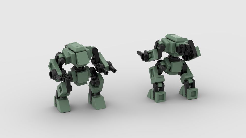 Front and back renders of a LEGO mecha in sand green armor with twin autocannons (or are they lasers?) on each hand.