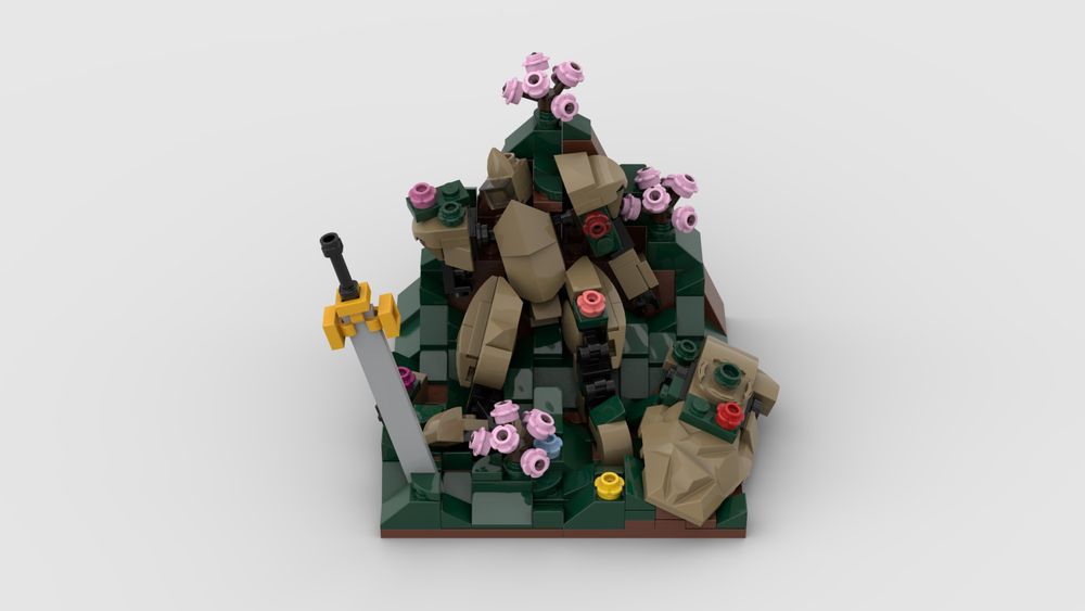 Render of a LEGO mecha in dark tan. It lies broken against a grassy hillside, its shattered shield lying beside it and its sword embedded in the ground just beyond its severed arm. Moss and flowers have begun to reclaim it as part of the landscape.