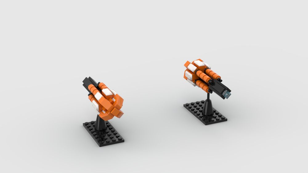 Render of a LEGO spaceship on a 4x8 base with flight stand. It has orange armor with white trim and a black engine section. It has a long torpedo-like shape, with eight storage bays and four sets of three liquid storage containers arranged radially.