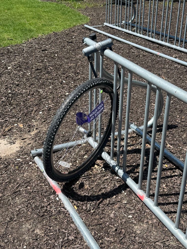 A single bike wheel locked to a rack. A purple “notice of violated” is attached to the spokes