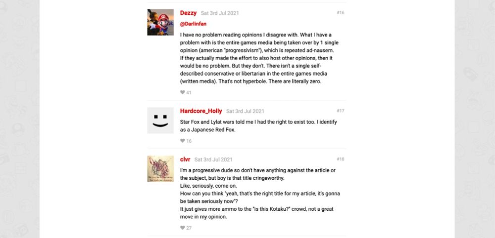 Weird Nerds on another article comment section (about Super Metroid helping someone discover themselves for who they are, a great piece!) complaining about american progressivism, making a transphobic joke about Star Fox, and calling the piece Cringeworthy