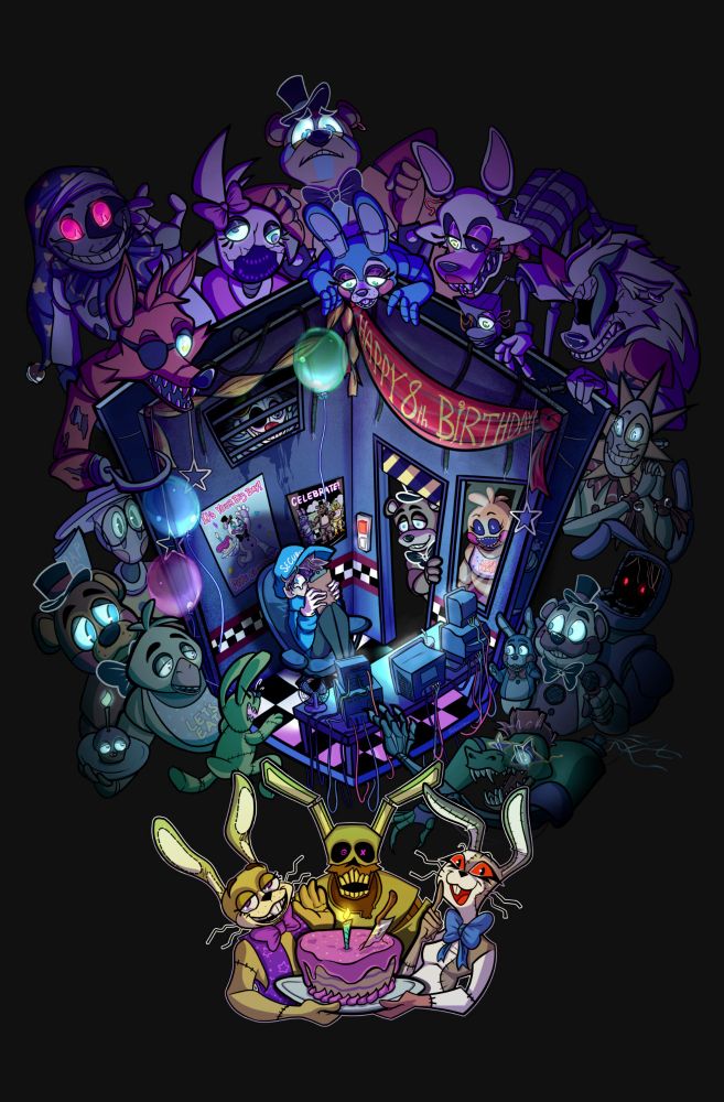 An illustration of characters from Five Nights at Freddy's breaking into a security office.