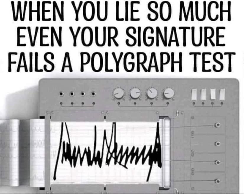 Donald Trump's spiky signature. Words " you lie so much even your signature fails a polygraph test"