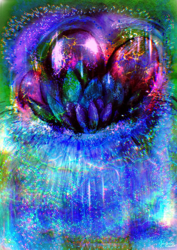 Drawing mixed with a lot of strong colors. Greens, red and blues. 3 Dragon eggs and a bunch of egg like gems in front. Ontop of a magical waterfall. 