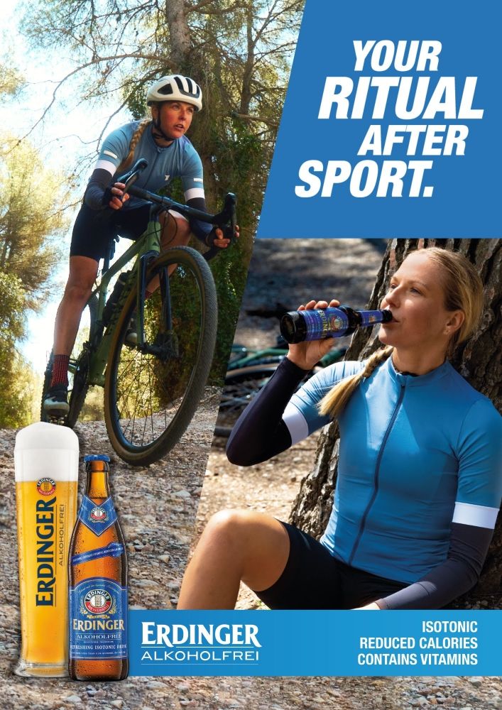 An advert for Edinger alkoholfrei shows a woman riding a gravel bike and drinking a bottle of alcolohol free beer. The text reads "Your ritual after sport"