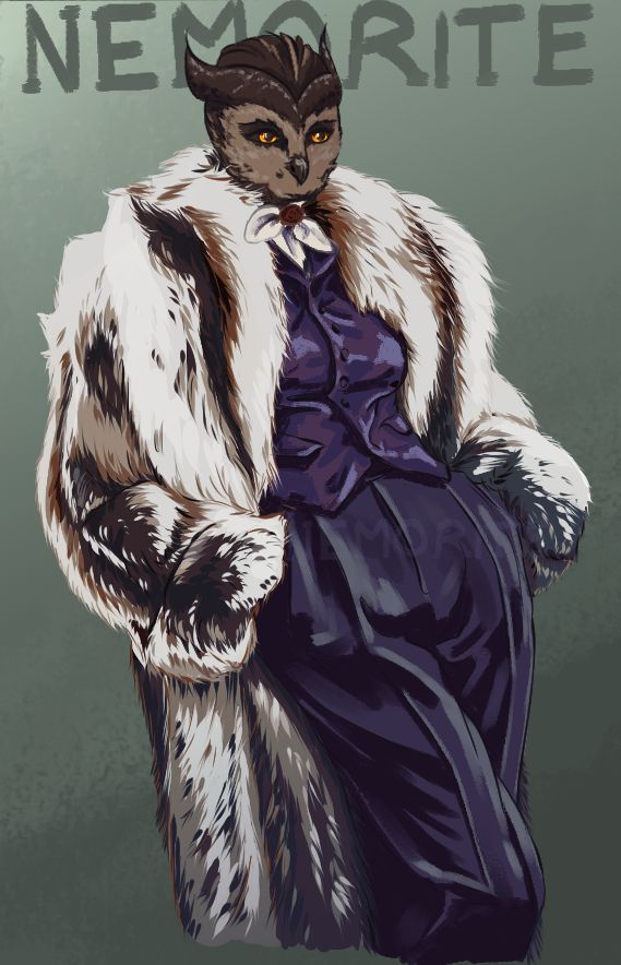 Digital pencil and gouache drawing of an owl lady in a fashionable outfit. The fit is a Ralph Lauren fur coat and royal-purple two-piece suit.