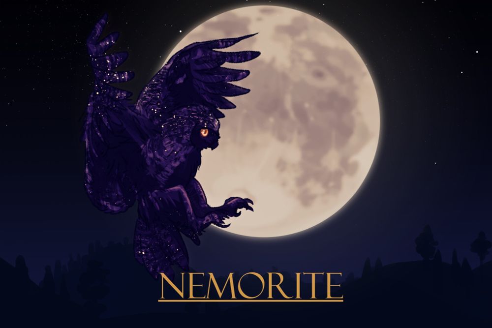 An owl flies in front of a full moon, it's feathers coloured like the night sky