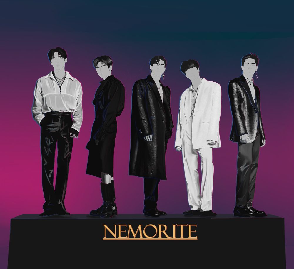 Digital painting of kpop band Nu'Est's album cover of Romanticize, their anniversary and disbandment album. The five artists stand on a pedestal in full black and white formal dress, while the background is an intense contrasting gradient of pink and teal, which were the group's representative colors. A pink and teal glow surrounds the five. Their faces are left unrendered.