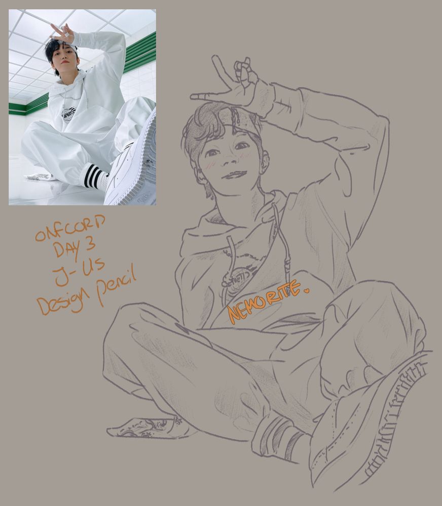 Digital drawing of kpop group member J-Us, as a pencil sketch. He holds a peace sign over his head as he leans away from the viewer. The reference image is framed on the top left side