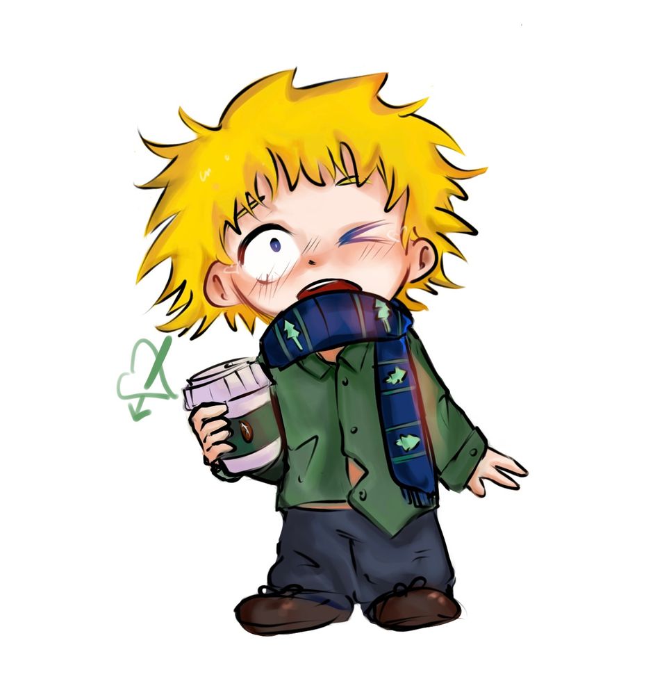 Tweek Tweak from south park taking a cup of coffee,which is very adorable ,he is shocked .