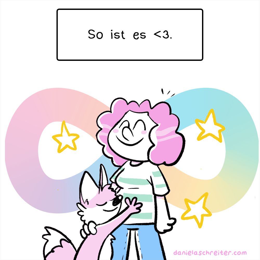Viertes Panel: In der Textbox steht: „So ist es <3.“
Fuchs und Frau schauen glücklich, hinter den beiden ist das Regenbogen-Infinity-Zeichen zu sehen.