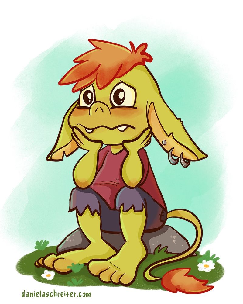 Comic Illustration: a little green goblin with spikey orange hair sitting on a stone. They is overwhelmed, tried, sad and done with the world. 