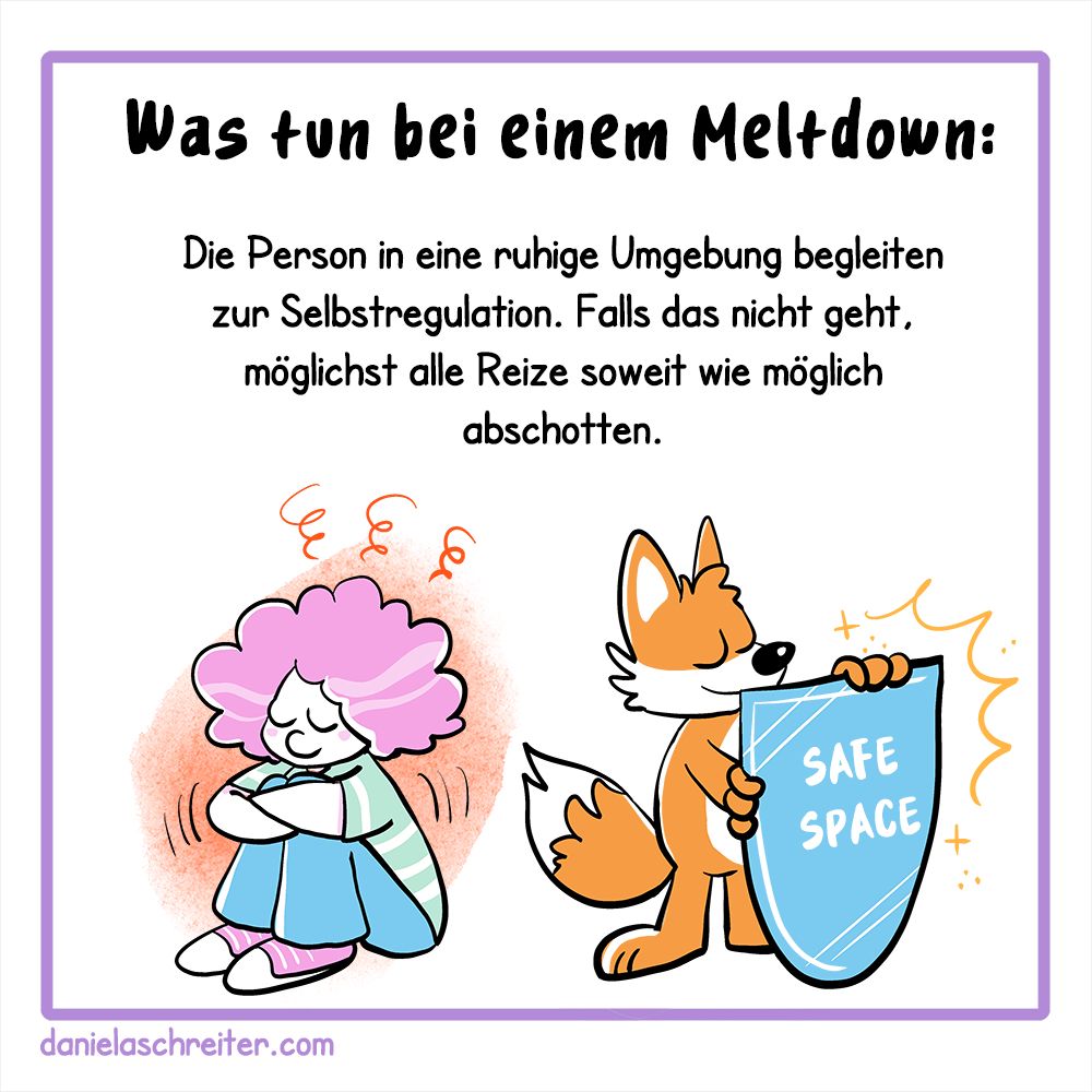4. Panel:
Der Text lautet: Was tun bei einem Meltdown:
Die Person in eine ruhige Umgebung begleiten zur Selbstregulation. Falls das nicht geht, möglichst alle Reize soweit wie möglich abschotten.
Illustration: Die Frau sitzt wippend auf dem Boden, ihre Augen sind geschlossen. Der Fuchs steht beschützend vor ihr mit einem Schild, auf dem „Safe Space“ steht.