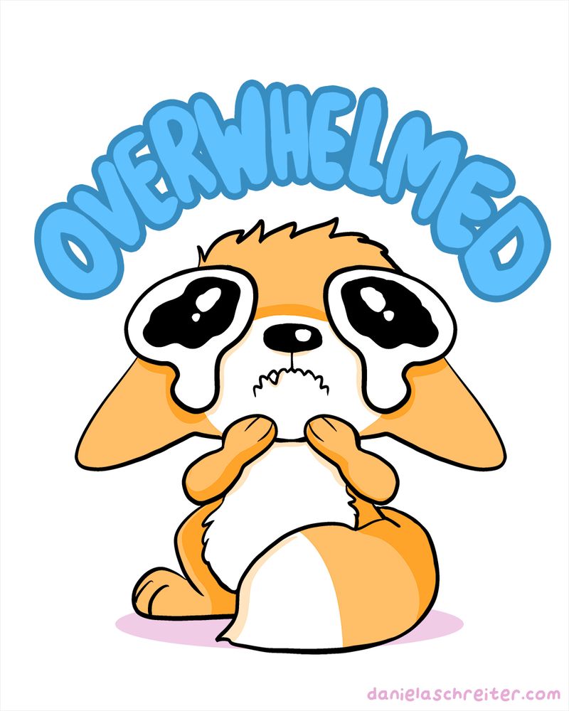 Comic Illustration: ein kleiner Fuchs mit großen tränengefüllten Augen, er schaut verloren und überfordert aus. Darüber steht in blauen Buchstaben auf Englisch: Overwhelmed