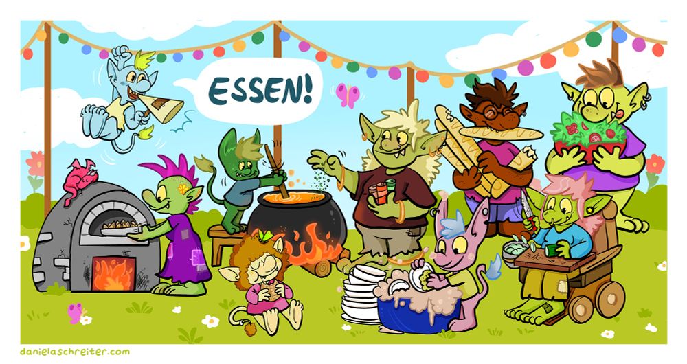 Comic Illustration: Neun Trolle tummeln sich auf einer Wiese, es wird gerade ein großes Festessen vorbereitet. Der Himmel ist blau, ein paar weiße Wolken sind verteilt zu sehen und eine Lichterkette ist an Stangen aufgespannt. Folgende Trolle sind von links zu rechts positioniert:
Ein grüner Troll mit violettem Kleid und Iro schiebt gerade Kartoffelspalten in einen kleinen Ofen, auf dem Ofen schläft ein kleiner roter Drache.
Ein hellblauer Troll hängt an der Lichterkette und ruft über ein Megaphon „ESSEN“.
Ein beiger Troll mit braunen Locken sitzt auf der Wiese und isst eine Waffel.
Zwei grüne Trolle stehen an einem großen Kessel, einer rührt mit einem Löffel, der andere würzt gerade das Gulasch nach.
Ein Troll mit rosa Haut wäscht gerade Teller ab.
Ein Troll mit brauner Haut trägt ganz viele Baguettes.
Ein grüner Troll im Rollstuhl schnippelt gerade Gurken.
Ein grüner Troll trägt eine große Schüssel mit Salat.