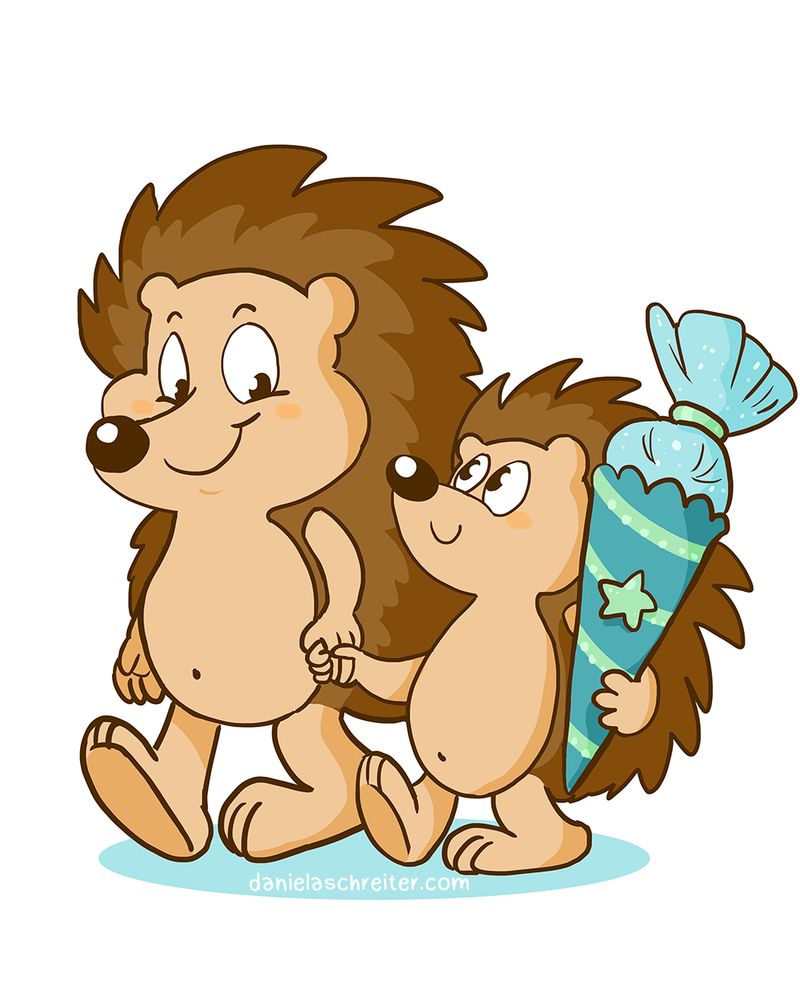 Comic Illustration: Ein kleiner Igel hält die Hand eines großen Igels und schaut zu ihm hoch. Der kleine Igel hält eine türkisfarbene Schultüte in der Hand. Auf der Schultüte ist ein großer Stern.