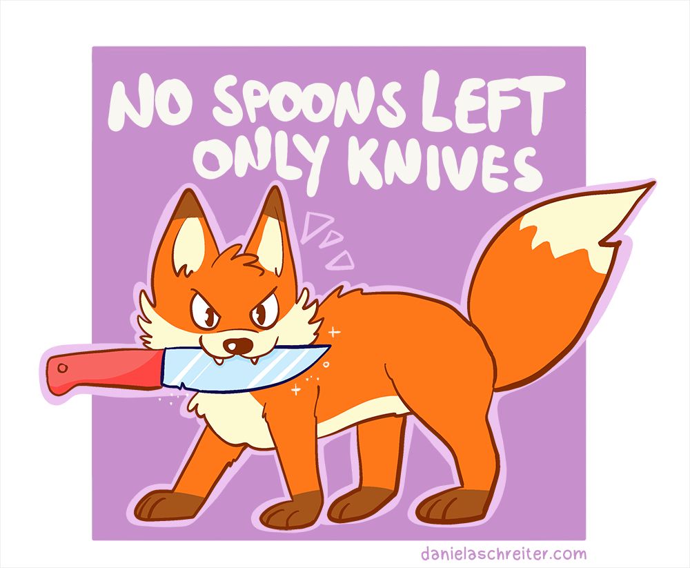 Comic-Illustration: Ein Fuchs steht auf allen vier Pfoten und schaut kampflustig. Er trägt in seiner Schnauze ein Messer, darüber steht in Englisch: No Spoons left, only knives.