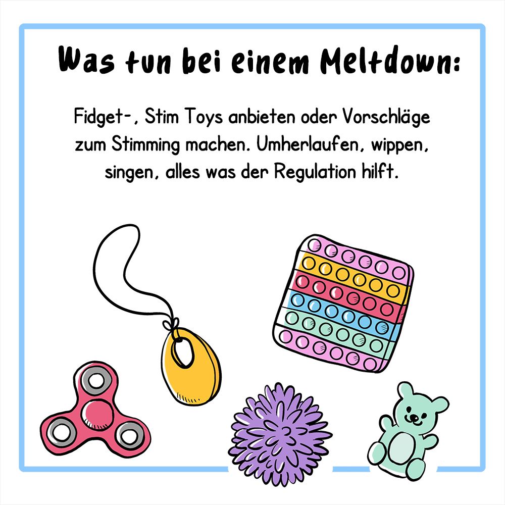 3. Panel:
Der Text lautet: Was tun bei einem Meltdown:
Fidget-, Stim_Toys anbieten oder Vorschläge zum Stimming machen. Umherlaufen, wippen, singen, alles was der Regulation hilft.
Illustration: Mehrere Stim Toys sind abgebildet, wie ein Fidget Spinner, ein Massageball, ein kleines Kuscheltier