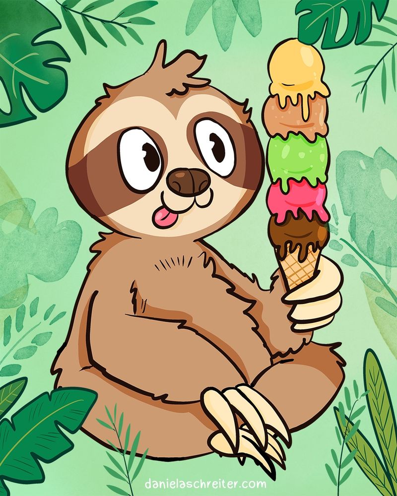 Comic Illustration: Ein Faultier sitzt auf dem Boden und hat eine Eiswaffel mit fünf Eiskugeln in der Hand. Die Sorten sind: Vanille, Erdbeer, Pistazie, Haselnuss, Schokolade. Es schaut sehr glücklich aus, seine Zunge hängt an der Seite des Mundes heraus. Der Hintergrund ist eine angedeutete Dschungellandschaft mit mehreren grünen großen Blättern.