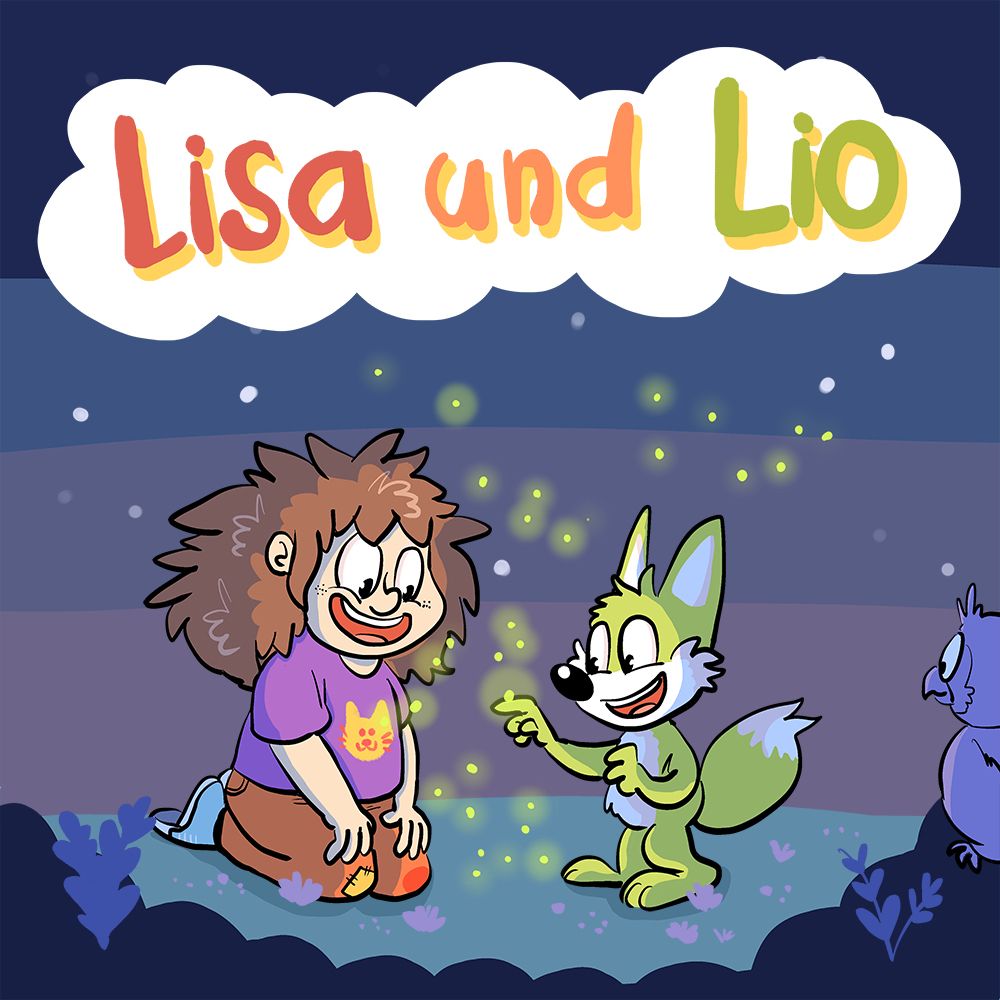 Comic-Cover-Illustration: Es ist Abend und ein Mädchen mit wilden braunen Haaren kniet auf einer Wiese. Sie trägt ein lila T-Shirt mit einem Katzengesicht drauf und eine orangefarbene Hose. Neben steht ein kleiner grüner Fuchs, auf seinem Finger landet ein kleines Glühwürmchen. Um sie herum fliegen ganz viele Glühwürmchen und erhellen die Nacht, beide lachen und sind sehr fröhlich. Ganz rechts im Vordergrund schaut eine Eule den beiden dazu. Über der Illu steht als Schriftzug Lisa und Lio in roten, orangenen und grünen Buchstaben.