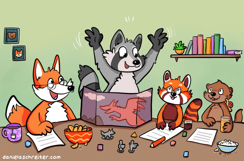 Comic Illustration: Eine Tier-Familie aus zwei Erwachsenen und zwei Kindern spielt zusammen Dungeons and Dragons am Tisch. Die beiden Erwachsenen sind ein Fuchs mit Brille und ein Waschbär, die beiden Kinder sind ein Roter Panda und ein Otter. Der Waschbär ist die Spielleitung, er steht gerade hinter dem SL-Schirm und wedelt mit den Armen. Die anderen am Tisch schauen gespannt zu ihm hoch.
Auf dem Tisch sind Stifte, Charakter-Blätter, Miniaturen, Würfel, Snacks und Getränke verteilt. An der Wand im Hintergrund ist ein kleines Bücherregal und zwei Bilderrahmen.