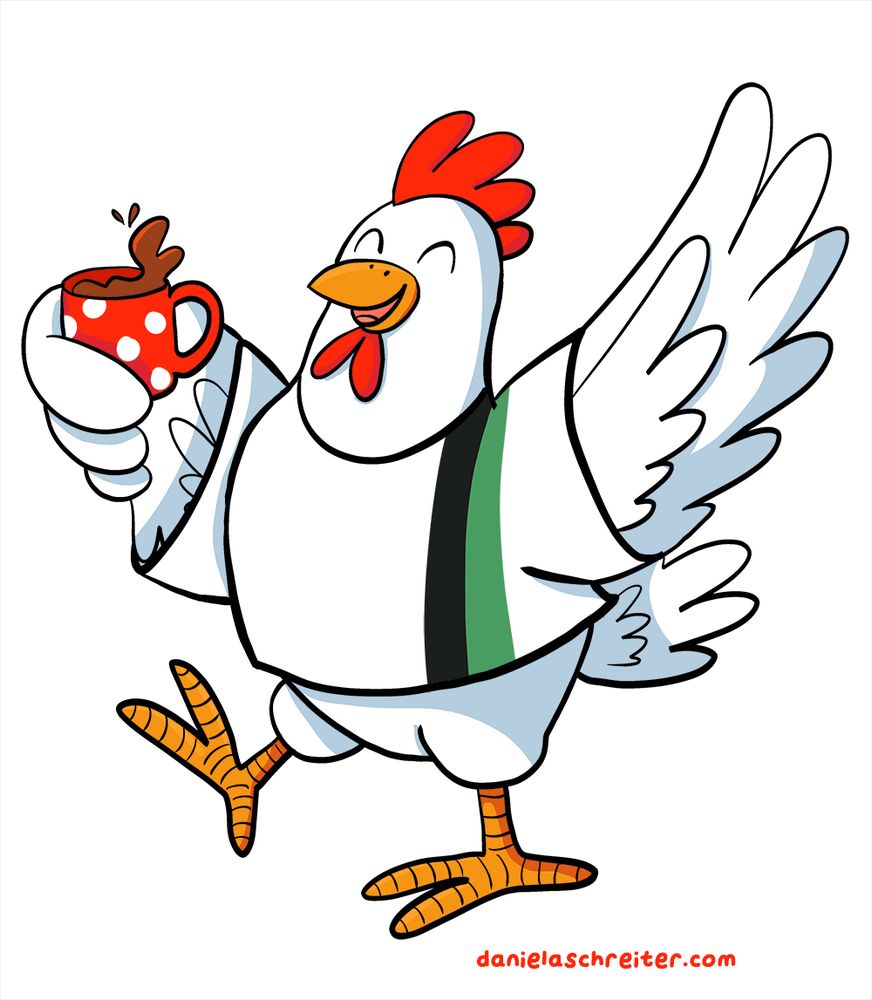 Comic Illustration: Ein weißes Huhn trägt ein weißes Fußballtrikot mit grün/schwarzen Streifen an der Seite. Es hält eine rote Kaffeetasse mit weißen Punkten im einen Flügel, der andere Flügel schwingt fröhlich umher.